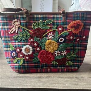 AMERICA & BEYOND Floral Embroidered  and beaded Plaid Tote Bag